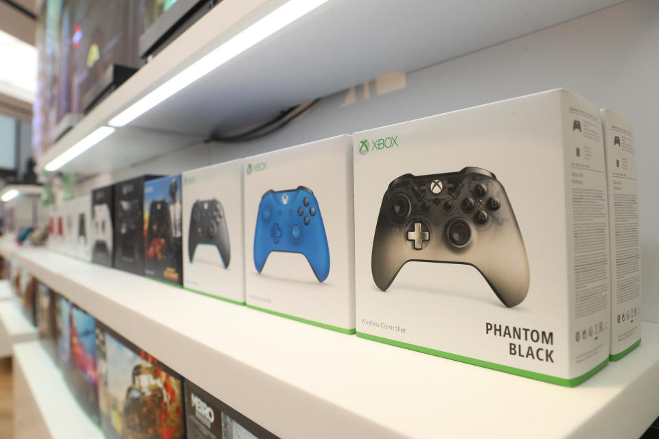 Xbox gaming controllers sit on a display shelf at Microsoft's new Oxford Circus store ahead of its opening in London, Britain July 9, 2019. Picture taken July 9, 2019. REUTERS/Simon Dawson