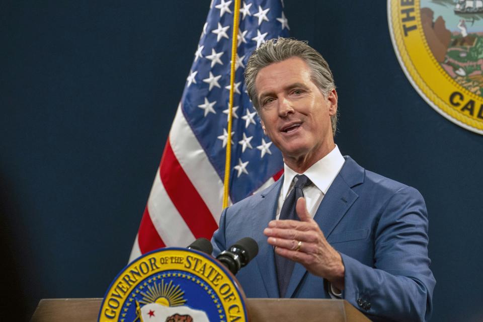 FILE - California Gov. Gavin Newsom speaks during a news conference in Sacramento, Calif., May 10, 2024. Top California Democrats announced Sunday, June 30, that they will ask voters to approve a plan cracking down on retail theft. Lawmakers hope to place the measure on the ballot in November. They will vote to advance the plan and deliver it to Newsom for his signature before the deadline on Wednesday, July 3. (AP Photo/Rich Pedroncelli,File)