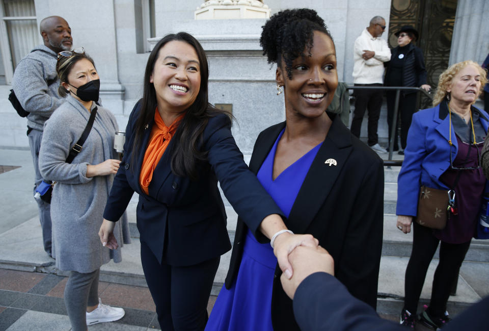 Mayor-elect Sheng Thao is greeted by supporters following a news conference at City Hall in downtown Oakland, Calif. (Jane Tyska / East Bay Times via Getty Images)