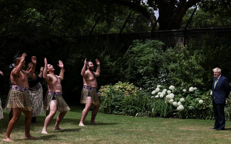 Boris Johnson and Jacinda Ardern watched the Kapa Haka group perform in the Downing Street garden today - Simon Dawson/No 10 Downing Street