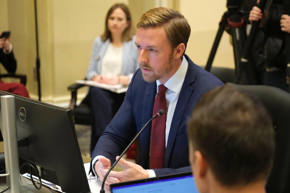 Oklahoma state schools Superintendent Ryan Walters is pictured Jan. 10 at a House education subcommittee budget hearing at the state Capitol.