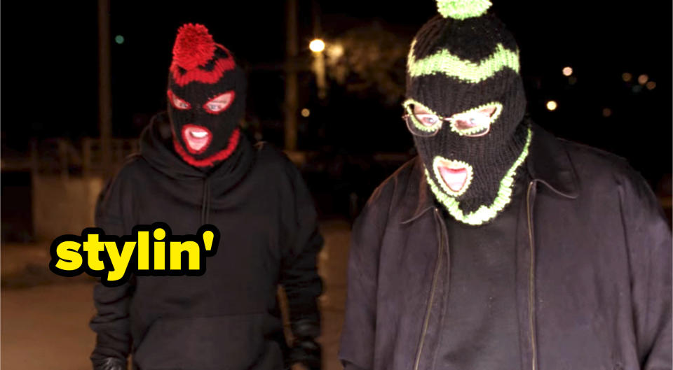 Walt and Jesse are wearing horrifying ski masks for their burglary. The caption says "who needs sleep anyway"