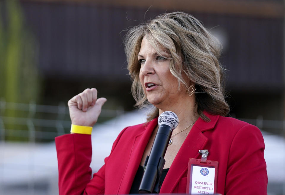 FILE - Kelli Ward, chair of the Arizona Republican Party, holds a news conference in Phoenix, Nov. 18, 2020. Ward is asking the Supreme Court to step in and halt a lower court decision requiring her phone records to be turned over to the House committee investigating the Jan. 6, 2021, insurrection at the U.S. Capitol. (AP Photo/Ross D. Franklin, File)