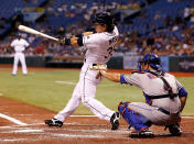 ST. PETERSBURG - JUNE 13: Designated hitter Hideki Matsui #35 of the Tampa Bay Rays fouls off a pitch against the New York Mets during the game at Tropicana Field on June 13, 2012 in St. Petersburg, Florida. (Photo by J. Meric/Getty Images)