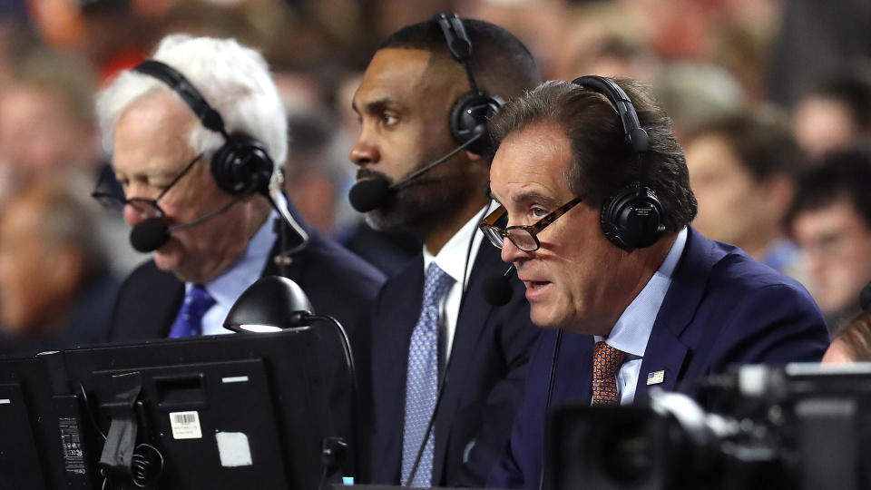 CBS Sports commentators Bill Raftery, Grant Hill and Jim Nantz working the 2019 NCAA Final Four semifinal between Auburn and Virginia, at U.S. Bank Stadium in Minneapolis,   April 6, 2019. / Credit: Streeter Lecka/Getty Images
