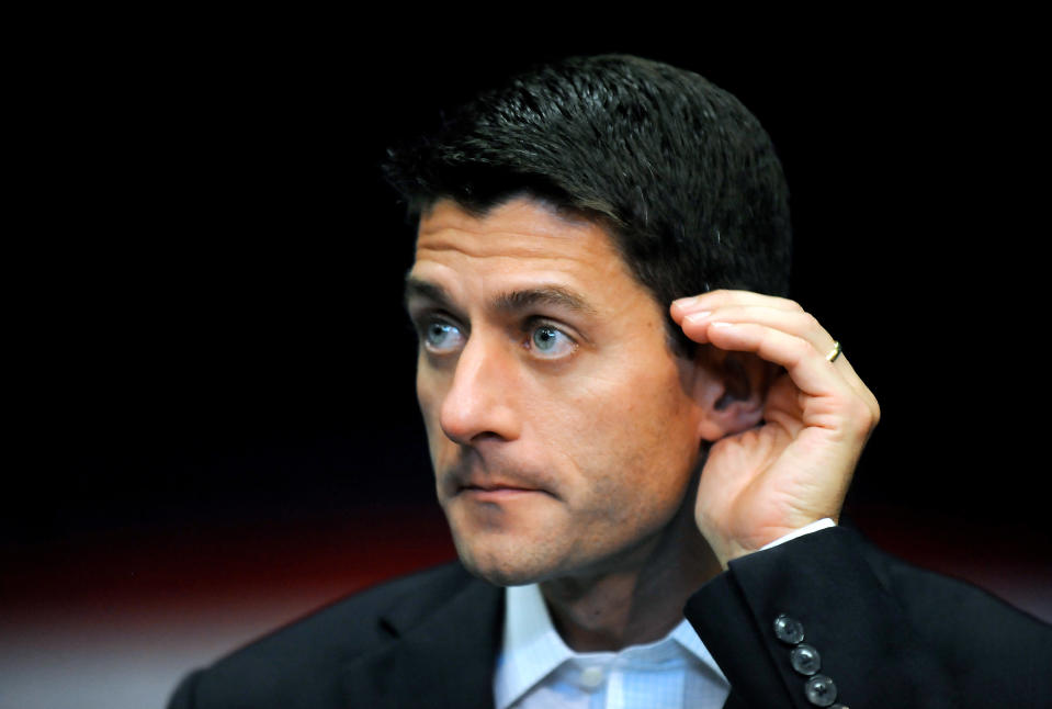 Republican vice presidential candidate, Rep. Paul Ryan, R-Wis., listens to questions during a campaign event at Partnership for Defense Innovation in Fayetteville, N.C., Thursday, Aug. 23, 2012. (AP Photo/Sara D. Davis)