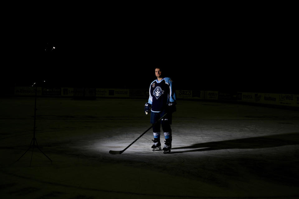 Milwaukee Admirals' Cody Hodgson of the American Hockey League poses for a picture Tuesday, March 5, 2024, in Milwaukee. Hodgson is a former NHL player who retired from hockey eight years ago due to a muscle disorder but is now making a comeback. (AP Photo/Morry Gash)