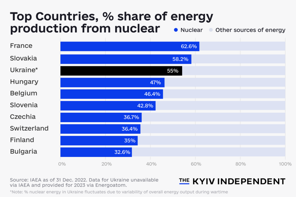 The infographic showcases the countries with the top percentage share of nuclear energy production. (Lisa Kukharska / The Kyiv Independent)