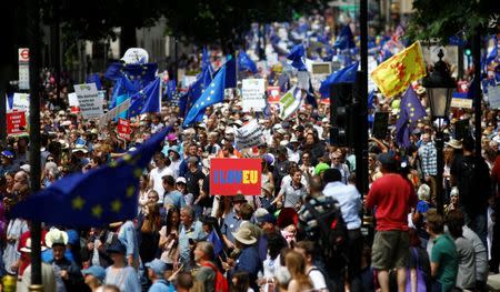 EU supporters, calling on the government to give Britons a vote on the final Brexit deal, participate in the 'People's Vote' march in central London, Britain June 23, 2018. REUTERS/Henry Nicholls