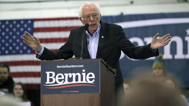 Democratic presidential candidate Bernie Sanders gestures during a campaign stop at Franklin Pierce University in Rindge, New Hampshire 