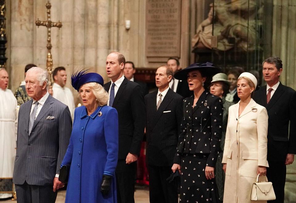 King Charles III (2L), Britain's Camilla, Queen Consort (4L), Britain's Prince William, Prince of Wales (5L) and Britain's Prince Edward, Duke of Edinburgh (C), Britain's Catherine, Princess of Wales (4R), Britain's Princess Anne, Princess Royal (3R), Britain's Sophie, Duchess of Edinburgh (2R) and Vice Admiral Timothy Laurence attend the Commonwealth Day service ceremony, at Westminster Abbey