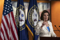 House Speaker Nancy Pelosi of Calif., speaks during a media availability at the Capitol in Washington, Thursday, June 24, 2021. Pelosi announced on Thursday that she's creating a special committee to investigate the Jan. 6 attack on the Capitol, saying it is "imperative that we seek the truth." (AP Photo/Alex Brandon)