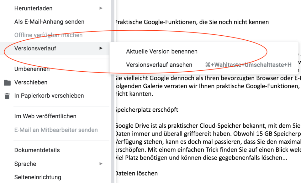 Versionsverlauf in Google Docs