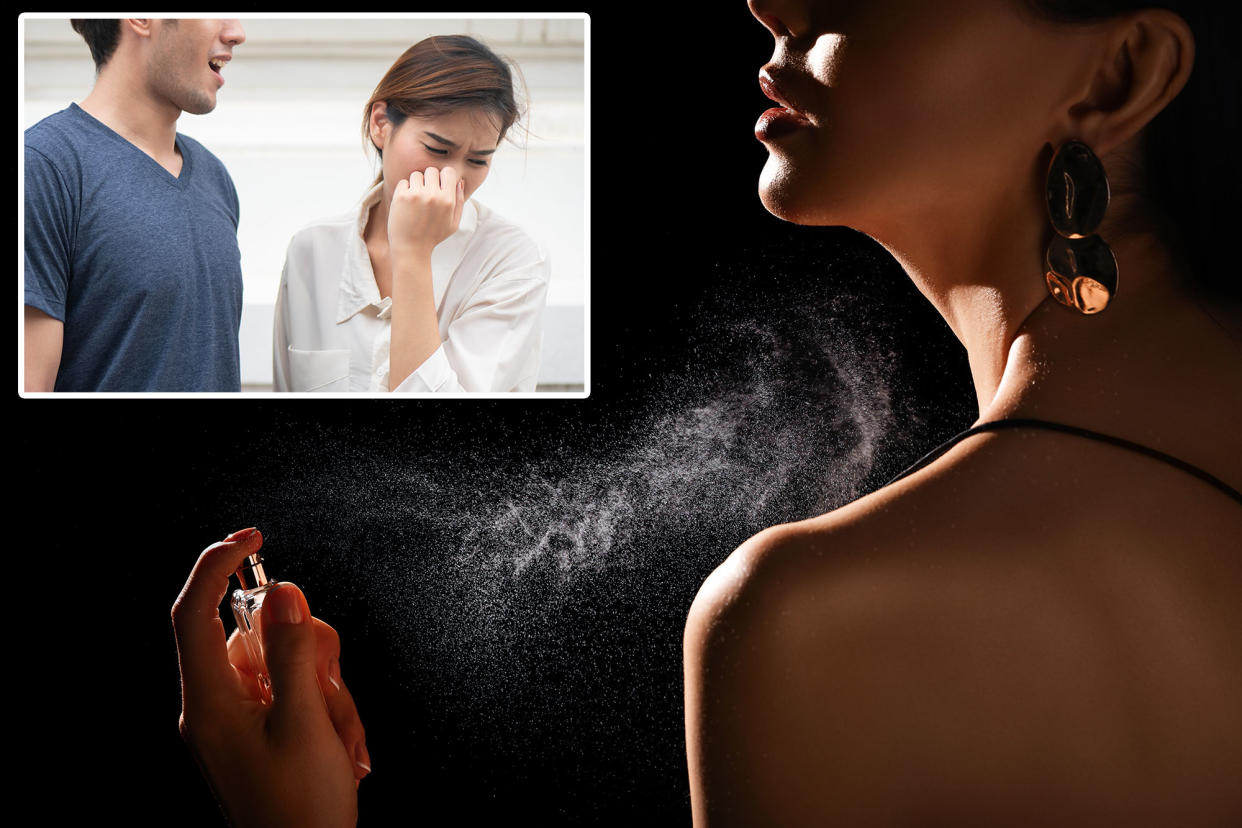 Woman spraying perfume and woman turning away from man who smells bad
