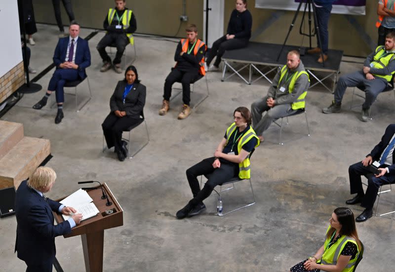 Britain's Prime Minister Boris Johnson delivers a speech during his visit to Dudley College of Technology in Dudley