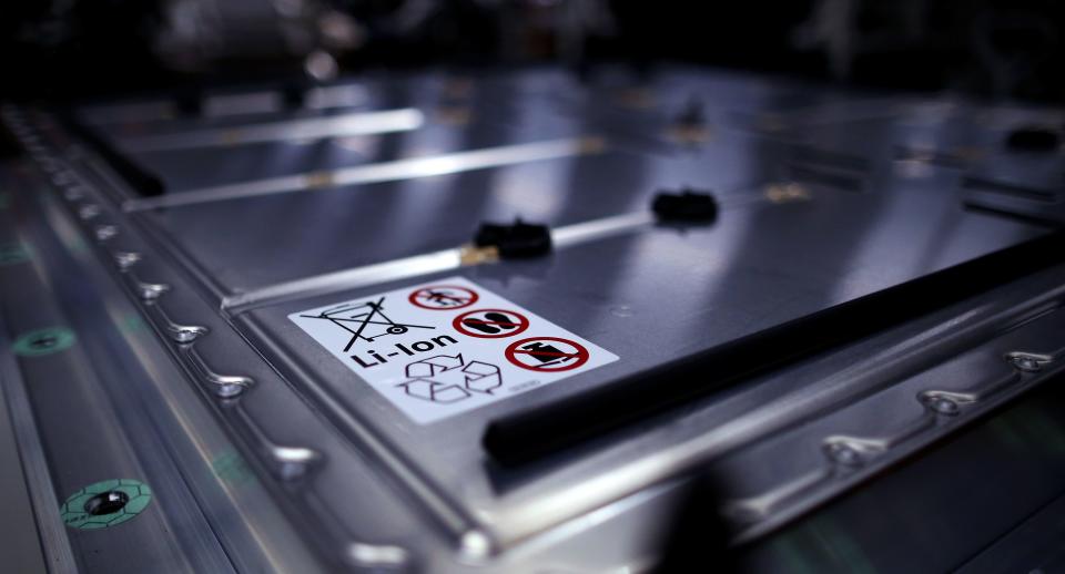 A rechargeable Lithium-ion battery for the Volkswagen ID.3 electric car is pictured at the Volkswagen car factory in Zwickau, eastern Germany, on February 25, 2020. (Photo by RONNY HARTMANN / AFP) (Photo by RONNY HARTMANN/AFP via Getty Images)