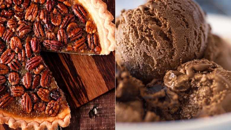 Pecan pie, chocolate ice cream