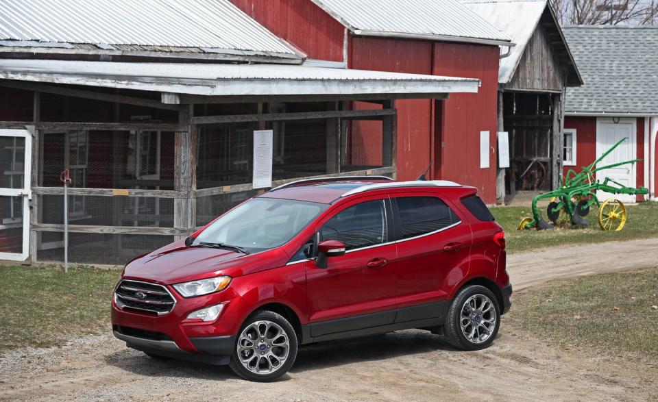 <p>Before you try and say "<a rel="nofollow noopener" href="https://www.caranddriver.com/ford/ecosport" target="_blank" data-ylk="slk:EcoSport;elm:context_link;itc:0;sec:content-canvas" class="link ">EcoSport</a>" out loud, just know that it is pronounced <em>echo-sport</em>, which doesn't really make any sense. On the upside, describing any one aspect of Ford's smallest crossover as "eco" (that's ee-koh, as in, environmentally friendly) doesn't really check out, either. What you're left with is a Fiesta-based tiny crossover that is slow and ill-suited to duties outside the perimeter of a congested urban area. In our testing, the turbocharged three-cylinder engine fails to deliver stellar fuel economy; ditto the burlier 2.0-liter four-cylinder, which is the only way to get all-wheel drive. Four human adults will fit inside, but their stuff won't. </p>