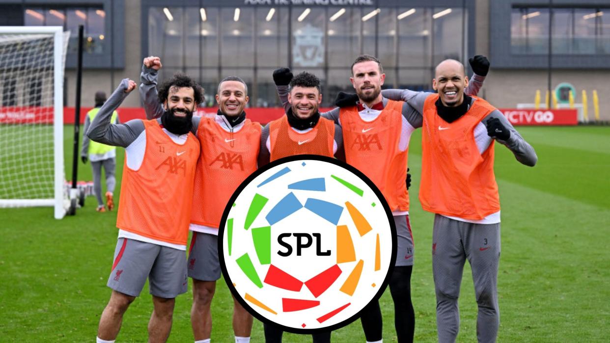  Liverpool players in training with Saudi Pro League crest in front 