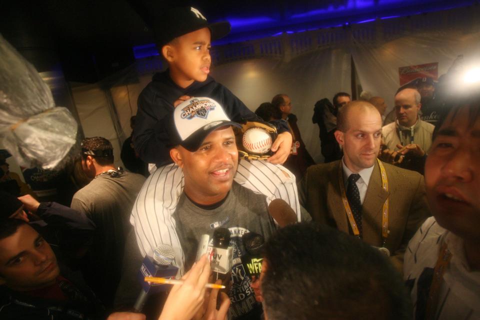 CC Sabathia celebrating the Yankees World Series championship in the locker room after Game 6 in 2009.