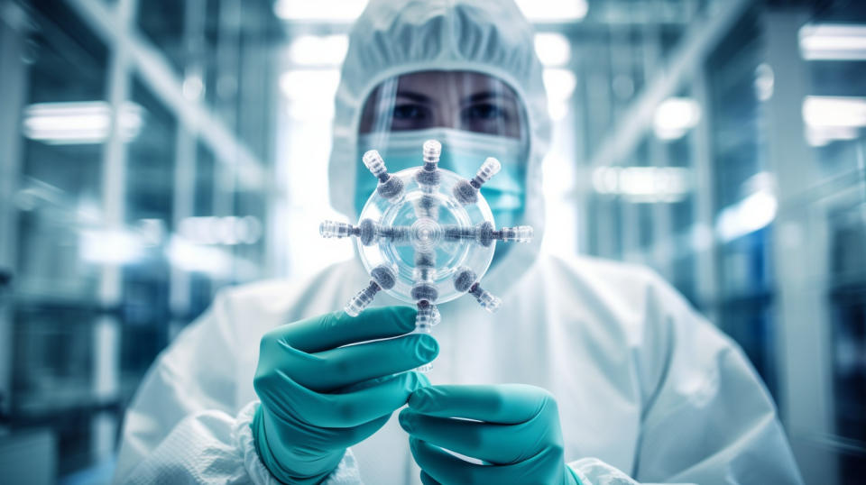 A researcher in a lab holding a bispecific antibody, illustrating the leading edge of cancer treatments.