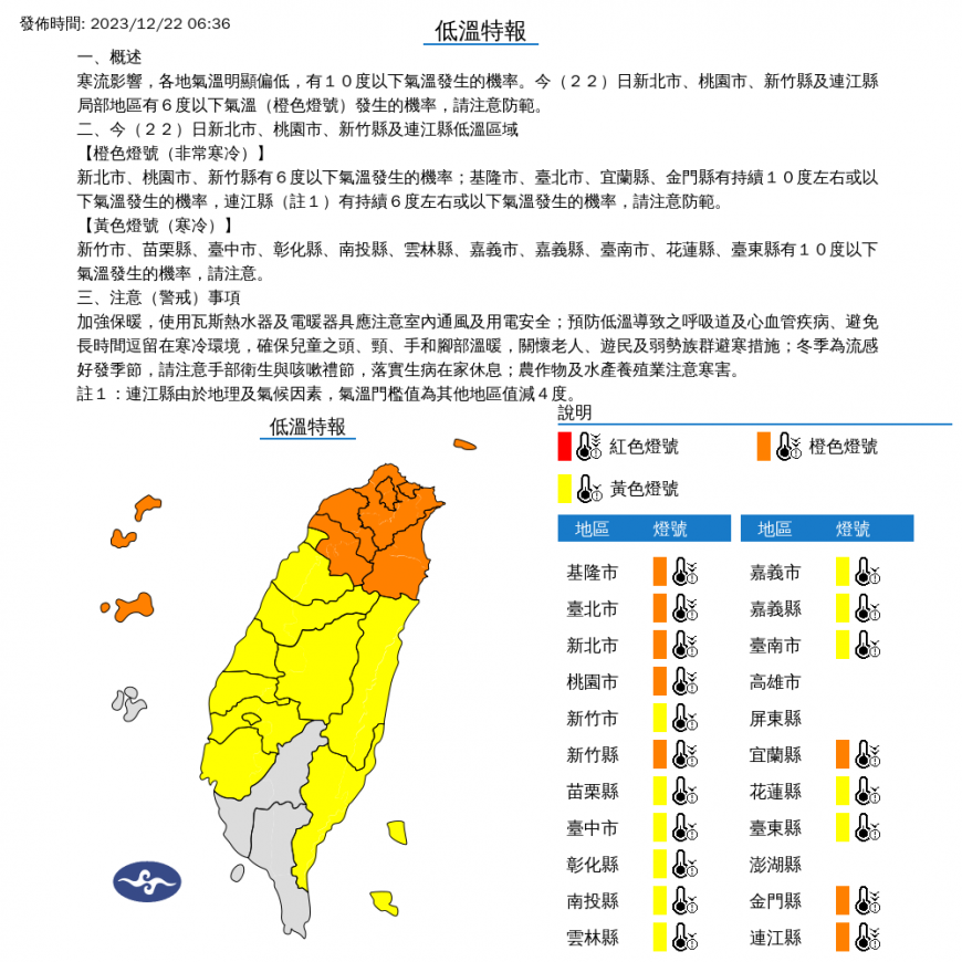 中央氣象署針對新北、桃園、新竹、連江等縣市發布低溫特報。（圖／翻攝自中央氣象署）