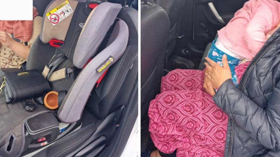 The empty carseat and child with no seatbelt