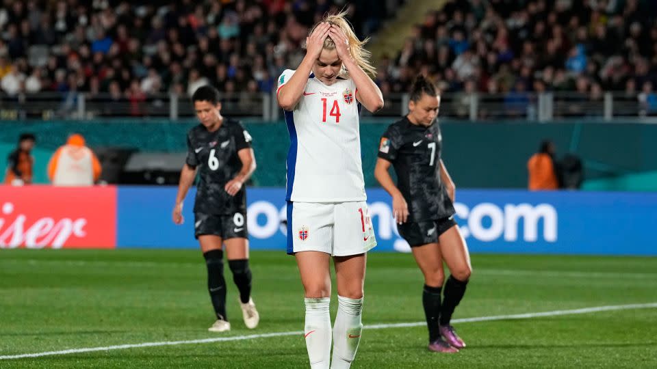 Norway's Ada Hegerberg reacts after missing a scoring chance. - Abbie Parr/AP