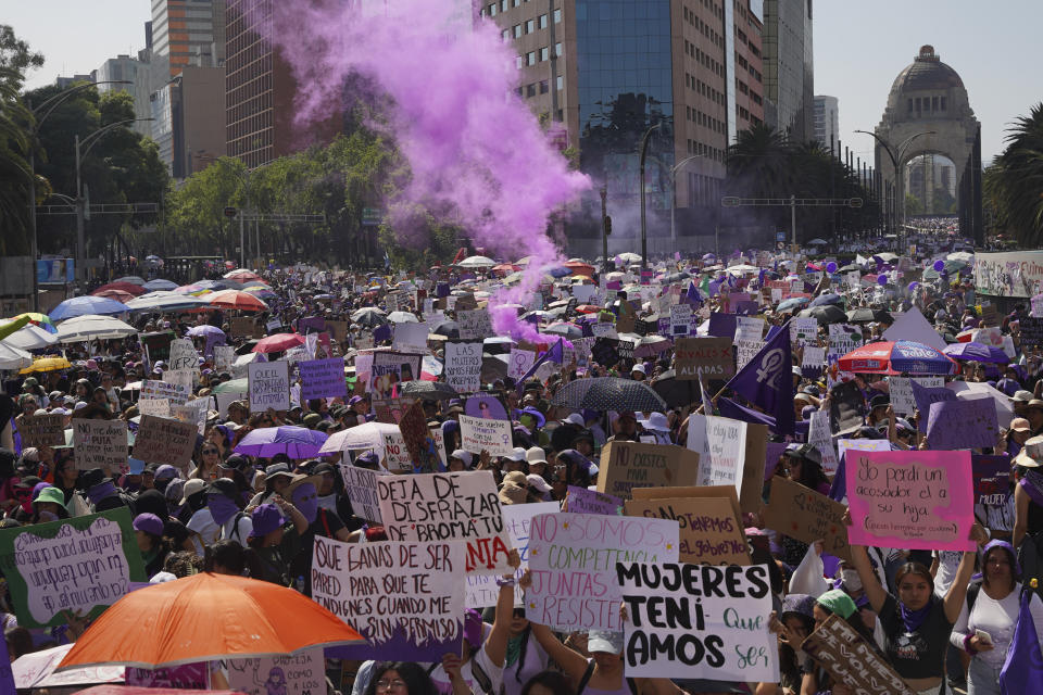 Women march against gender-based violence marking International Women's Day, in Mexico City, Friday, March 8, 2024. (AP Photo/Aurea del Rosario)