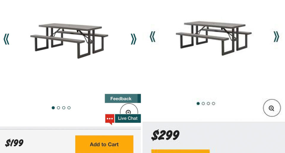 The same Bunnings picnic table image can be seen with price $199 on the left and $299 on the right. 