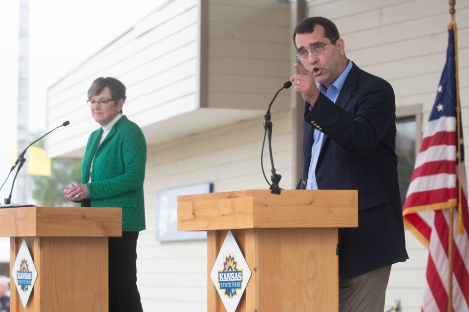 Kansas Attorney General Derek Schmidt attacks Laura Kelly during Saturday's governor debate at the Kansas State Fair in Hutchinson.