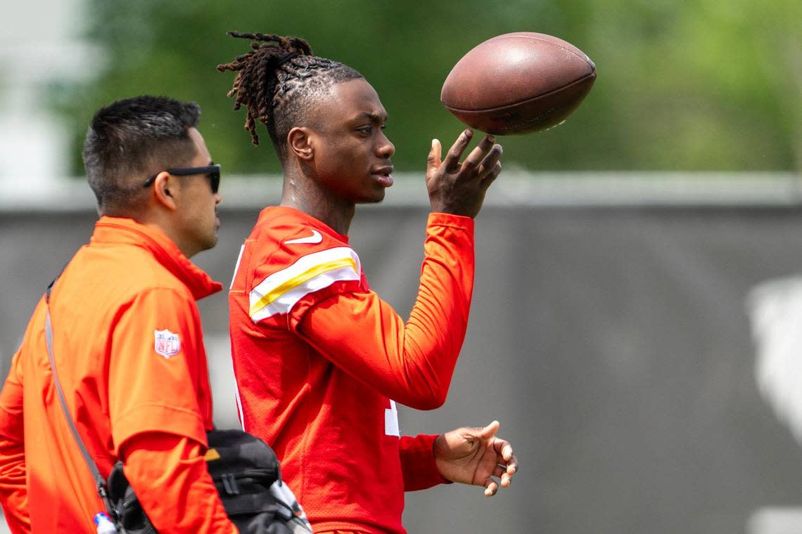 Chiefs wide receiver Xavier Worthy (1) during Organized Team Activities practice at the team’s training facility on Wednesday, May 22, 2024, in Kansas City.