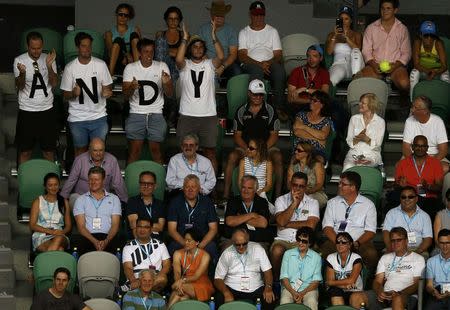 Supporters (top L) of Britain's Andy Murray cheer during his quarter-final match against Spain's David Ferrer at the Australian Open tennis tournament at Melbourne Park, Australia, January 27, 2016. REUTERS/Jason Reed