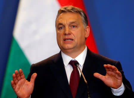 Hungarian Prime Minister Viktor Orban speaks during a news conference following the talks with Russian President Vladimir Putin in Budapest, Hungary, February 2, 2017. Picture taken February 2, 2017. REUTERS/Laszlo Balogh