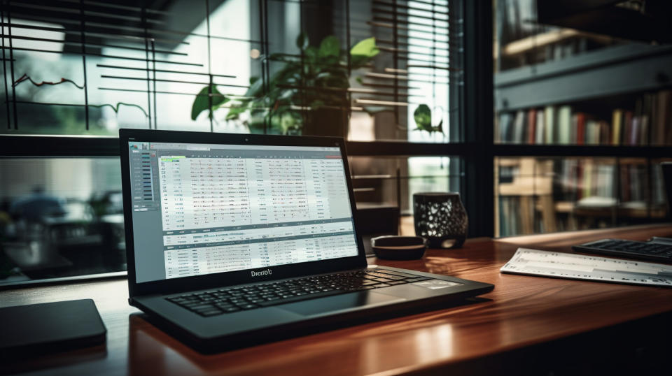 A close-up picture of financial documents and computers in a modern office setting.