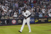 New York Yankees' Luis Severino reacts after striking out a Houston Astros batter with two men on base during the fifth inning of a baseball game Friday, June 24, 2022, in New York. (AP Photo/Bebeto Matthews)