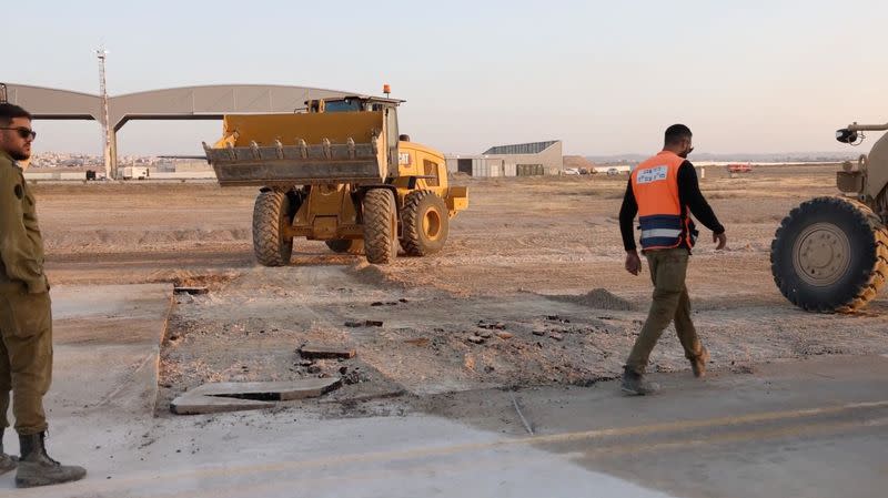 FILE PHOTO: A view of a damaged area at a location given as Nevatim Airbase