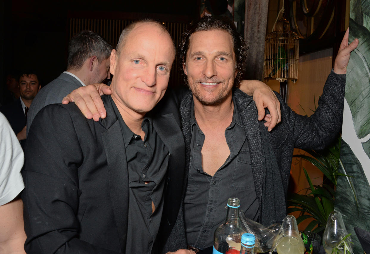 LONDON, ENGLAND - NOVEMBER 08:   Woody Harrelson and Matthew McConaughey attend the launch party of new bar The Parrot at The Waldorf Hilton hosted by Idris Elba on November 8, 2018 in London, England.  (Photo by David M. Benett/Dave Benett/Getty Images) 