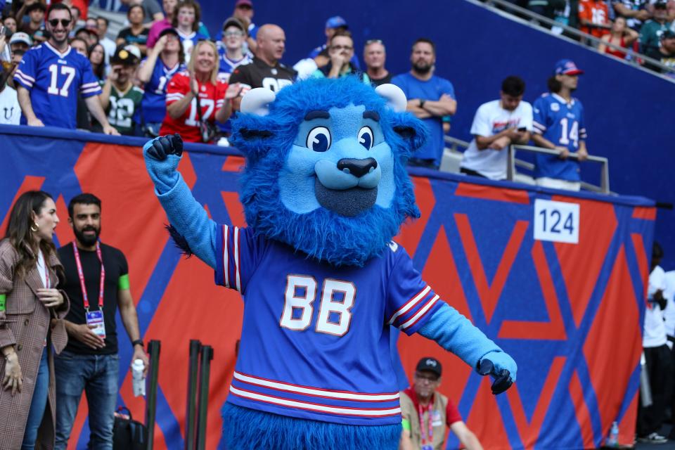 Buffalo Bills mascot Billy Buffalo performs during an NFL football game against the Jacksonville Jaguars, Sunday, Oct. 8, 2023, in London.