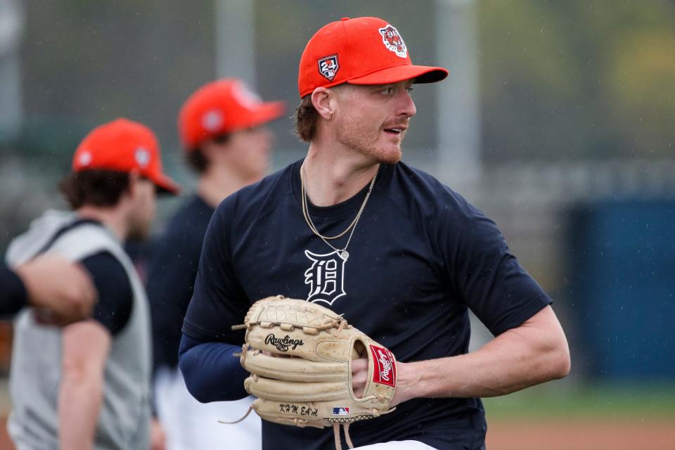 Detroit Tigers pitcher Shelby Miller throws during spring training at TigerTown in Lakeland, Fla. on Saturday, Feb. 17, 2024.