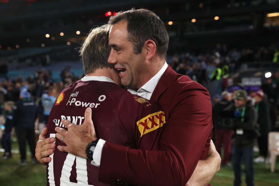 SYDNEY, AUSTRALIA - JUNE 08:  Harry Grant of the Maroons and Cameron Smith celebrate victory after game one of the 2022 State of Origin series between the New South Wales Blues and the Queensland Maroons at Accor Stadium on June 08, 2022, in Sydney, Australia. (Photo by Mark Kolbe/Getty Images)