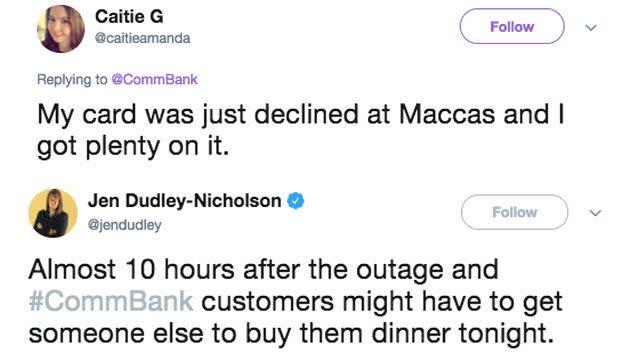 Customers tweeted their fury with the app still down at midnight. Source: Twitter