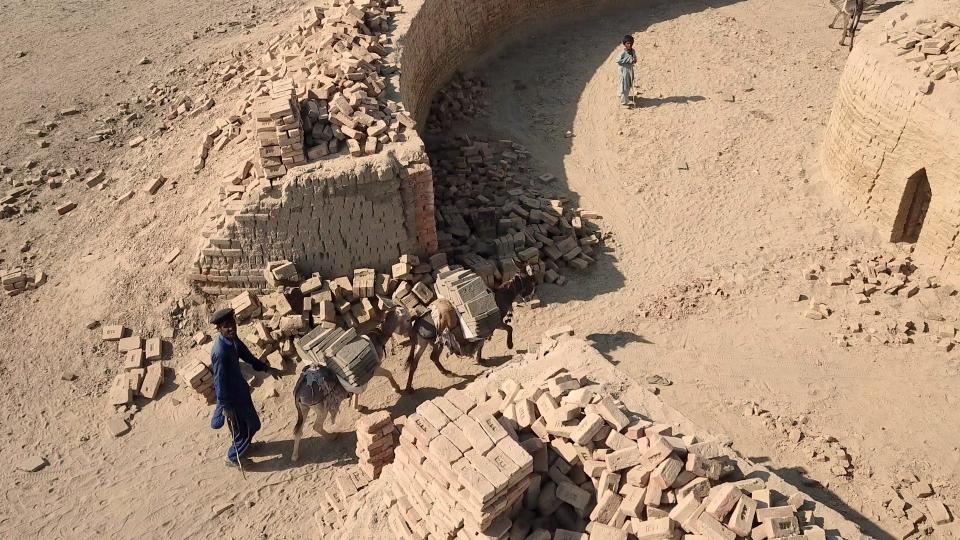 Donkeys transporting bricks to be burned in undeground kiln