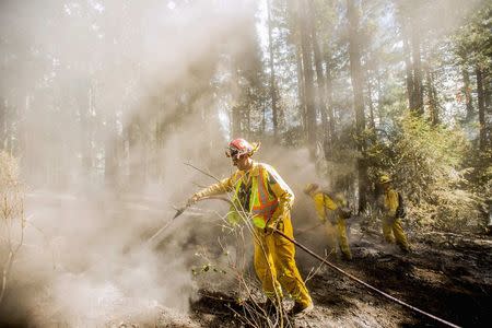 Craig Cadwallader sprays water on a hotspot while battling the King Fire burn near Fresh Pond, California September 17, 2014. REUTERS/Noah Berger