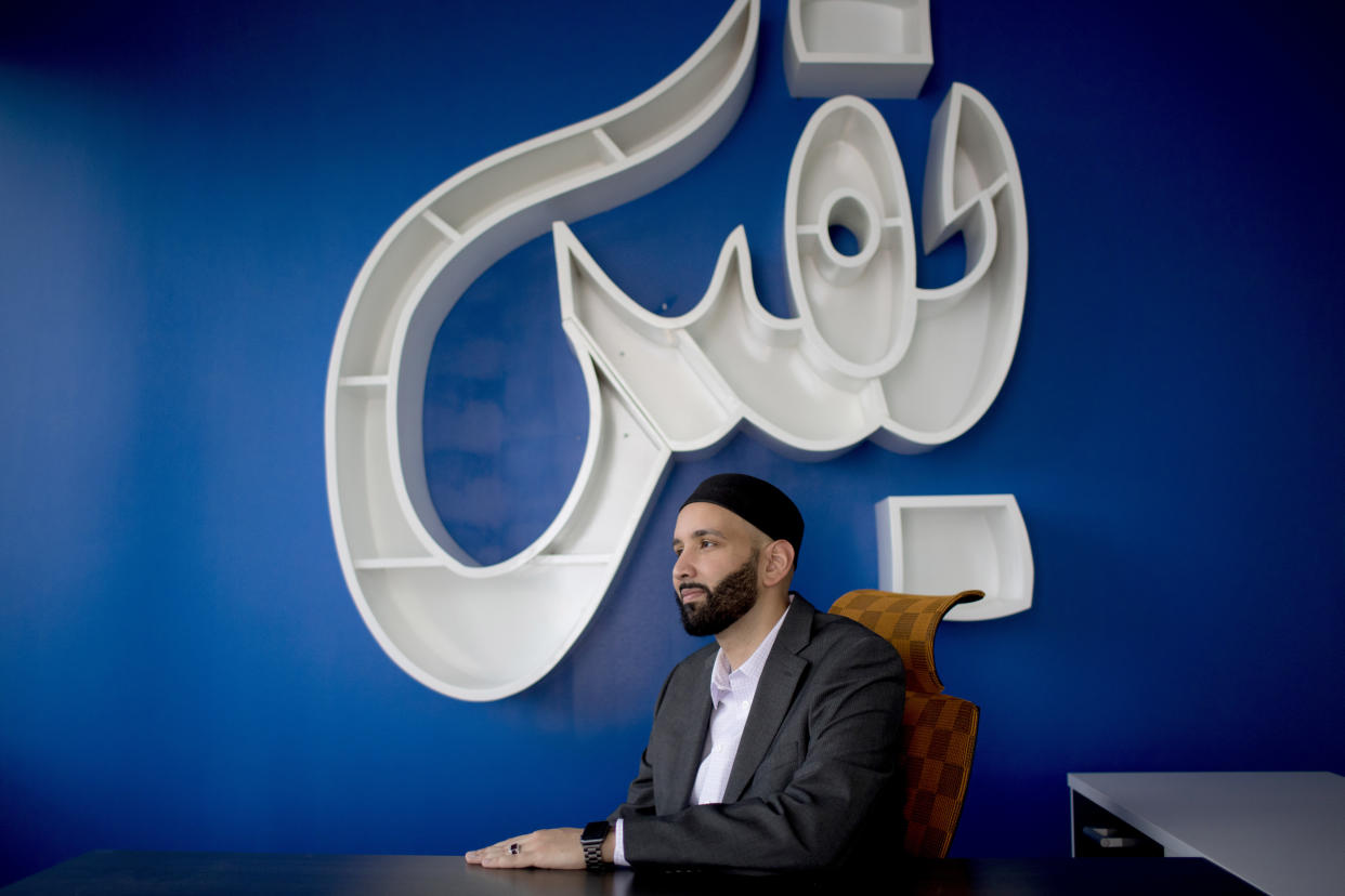 Imam Omar Suleiman, photographed in his office in Las Colinas, Texas. Suleiman is president of the Yaqeen Institute for Islamic Research and a professor of Islamic studies at Southern Methodist University. (Photo: Allison V. Smith for HuffPost)