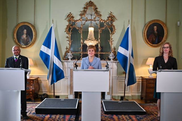 Patrick Harvie, Nicola Sturgeon and Lorna Slater in Bute House