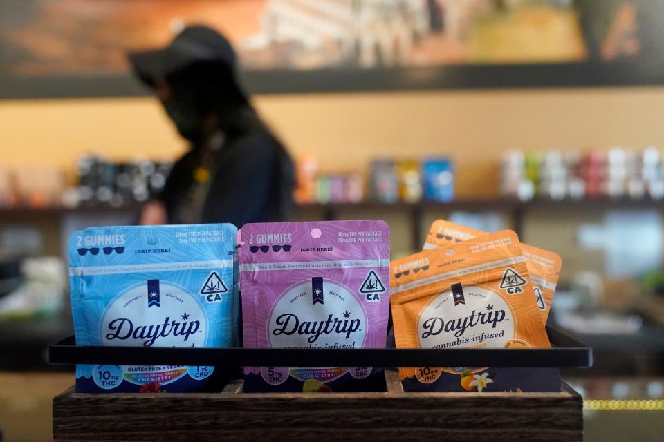 Edible products are displayed at a California Street Cannabis Company location in San Francisco on March 20, 2023. Along the West Coast, which has dominated U.S. marijuana production from long before legalization, producers are struggling with what many call the failed economics of legal pot...a challenge inherent in regulating a product that remains illegal under federal law. (AP Photo/Jeff Chiu)