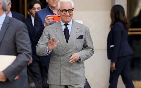 Roger Stone, longtime political ally of U.S. President Donald Trump, waves as he departs following a status hearing in the criminal case against him brought by Special Counsel Robert Mueller at U.S. District Court in Washington, U.S., March 14, 2019. REUTERS/Joshua Roberts