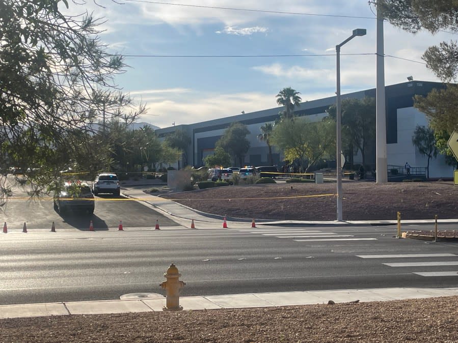 A crime scene near the intersection of Prairie Falcon Road and Tenaya Way in the northwest Las Vegas valley where 3 were shot Saturday afternoon. (Mark Mutchler/KLAS)