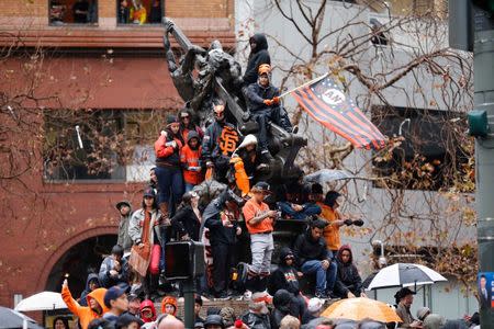 Oct 31, 2014; San Francisco, CA, USA; San Francisco Giants fans during the World Series victory parade on Market Street. Mandatory Credit: Kelley L Cox-USA TODAY Sports